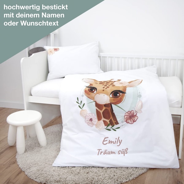 Kinderbettwäsche mit Namen bestickt - Motiv Giraffe - 100x135cm - 100% Baumwolle - Geschenk zur Geburt  Geburtstag oder Taufe bestickt