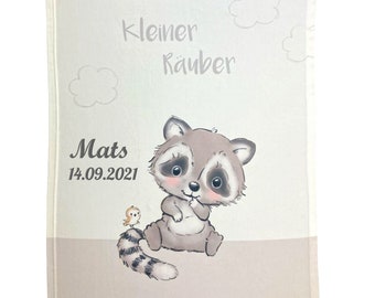 Soft-Peach Kinderdecke Babydecke mit Namen Motiv Waschbär Räuber 75x100cm