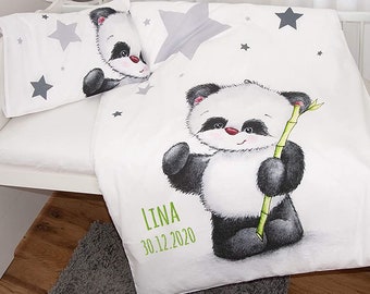 Pandabär Bettwäsche mit Namen bestickt 100x135cm - Geschenk zur Geburt  Geburtstag oder Taufe - hochwertig bestickt