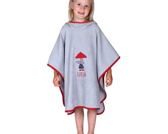 Poncho grau mit Maus und Schirm-Motiv und Name bestickt Badeponcho Geschenk zur Geburt Geburtstag oder Taufe