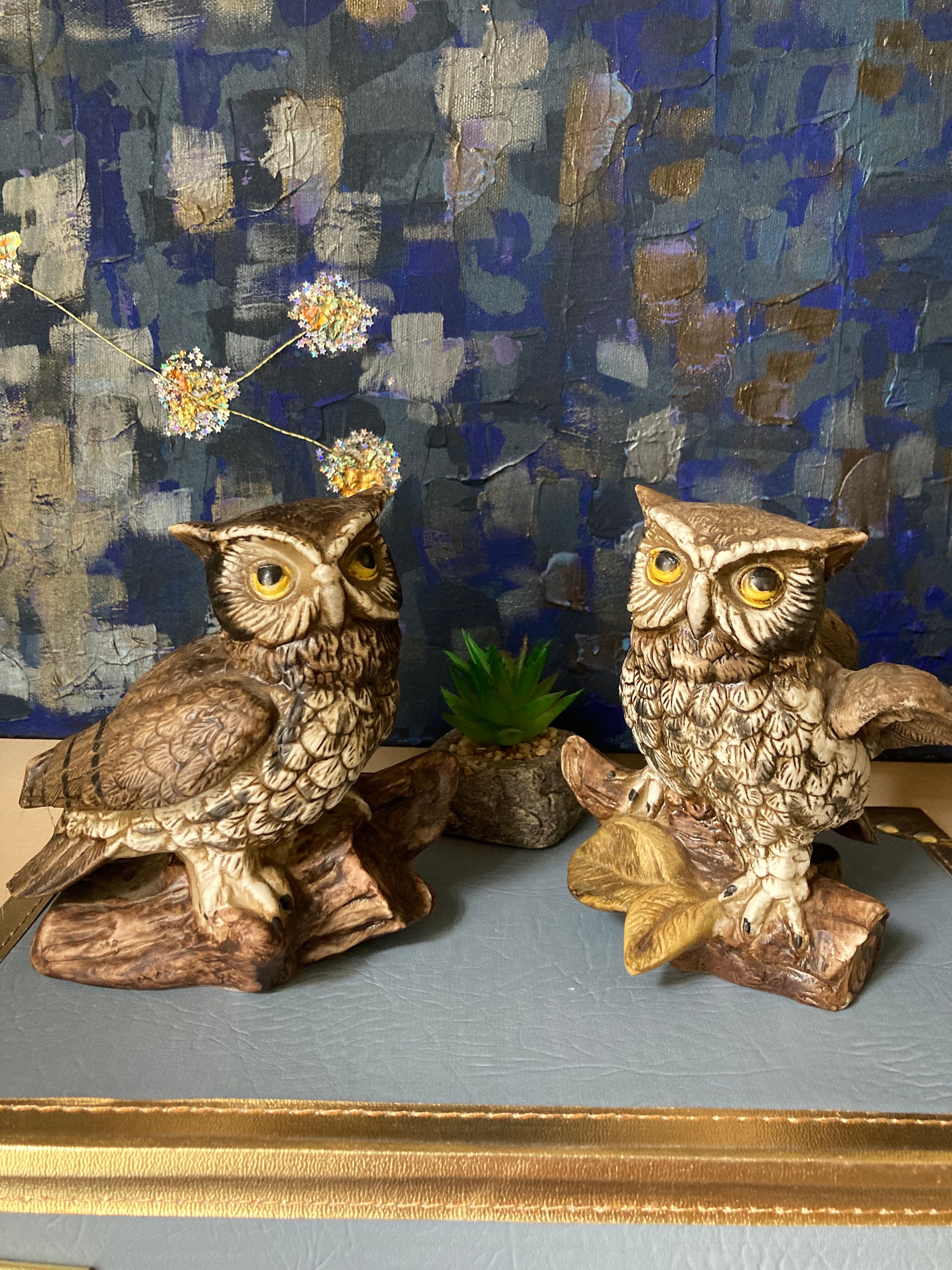 Vintage Pair of Owl Figurines Woodland Bird Lodge Decor Animal