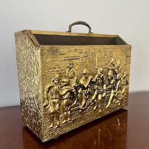 Vintage Brass Wood Magazine Holder Newspaper Rack England