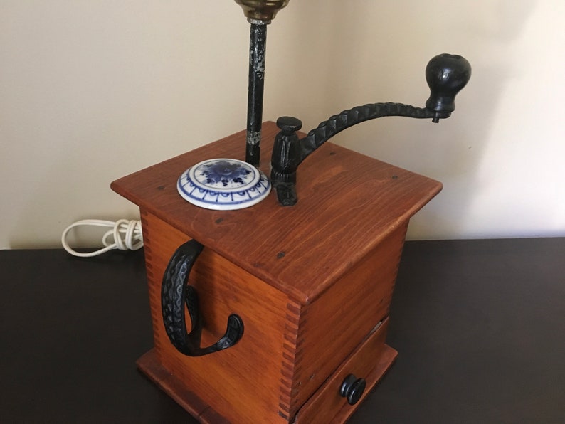 Vintage Handmade Wooden Coffee Grinder Table Lamp Etsy