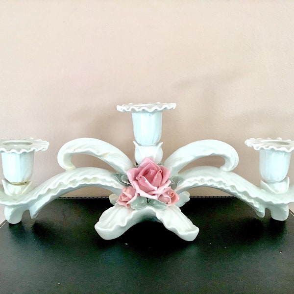 Karl Ens Candelabra Triple Candleholder Porcelain Pink Roses