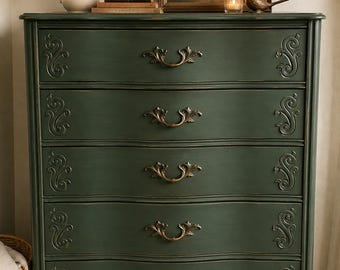 Vintage French Provincial 4-Drawer Dresser Deep Olive Green Amsterdam Green.