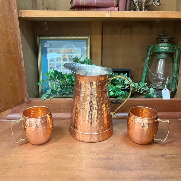 Copper Hammered Pitcher Brass Handle Two Copper Mugs