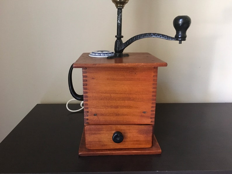 Vintage Handmade Wooden Coffee Grinder Table Lamp Etsy