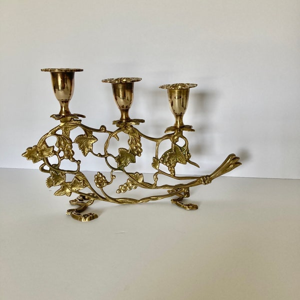 Vintage Brass Unique Grape Pattern Triple Candleholder