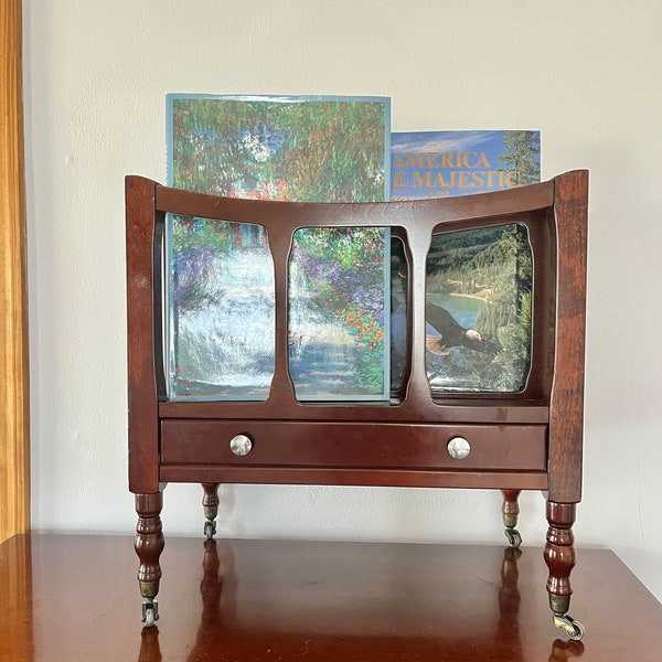 Vintage Mahogany Bombay Compony Magazine Rack Newspaper Holder with Drawer and Casters