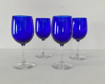 コバルトブルー カットガラス ワイングラス 4個セット コバルトブルー