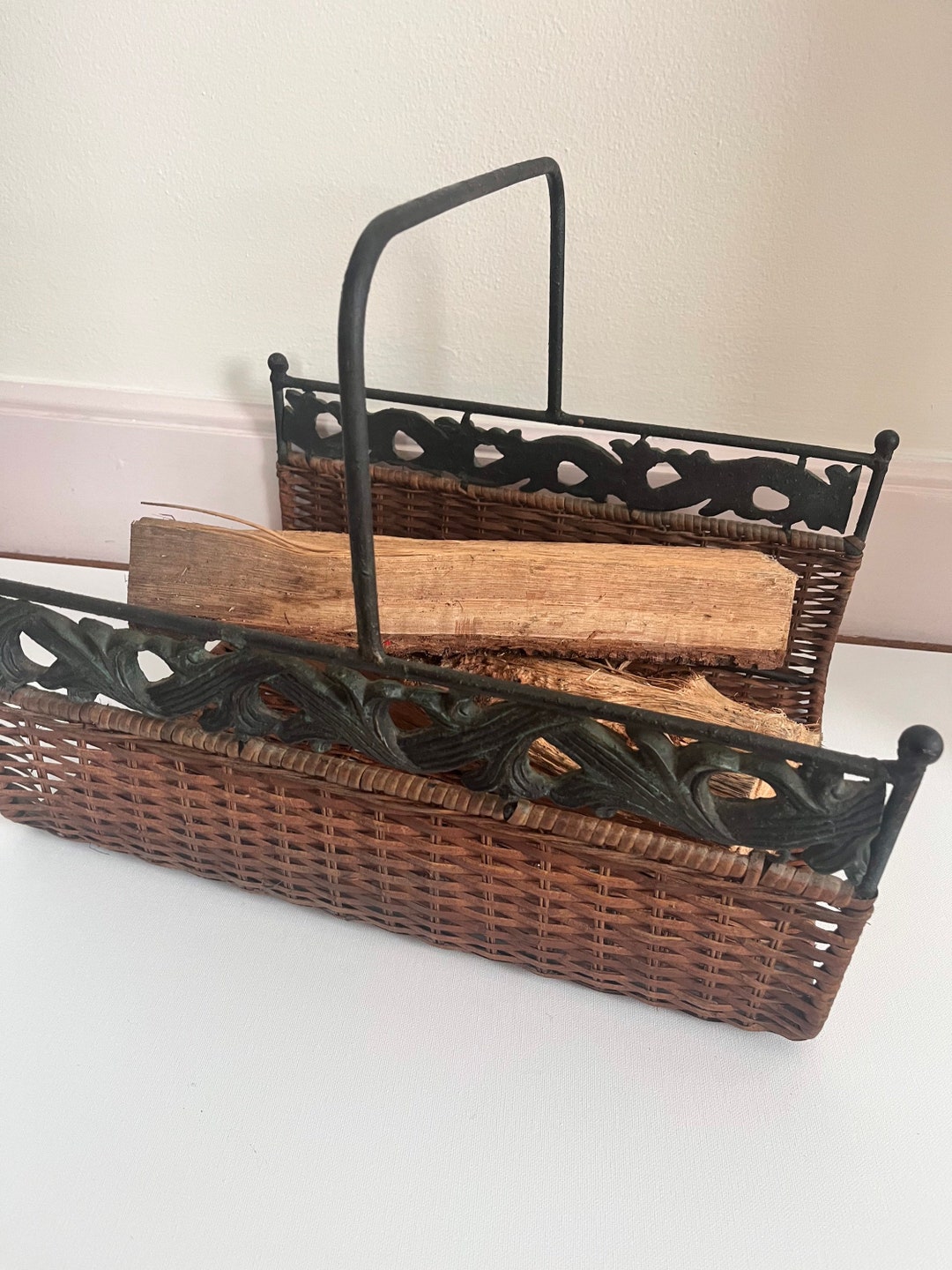 Whicker Wrought Iron Firewood Log Holder Basket Etsy