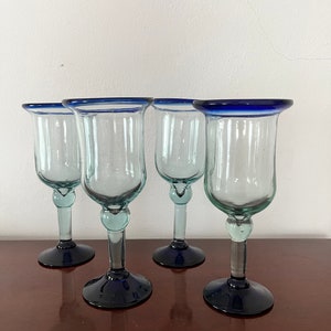 Cobalt Blue and Clear Hand Blown Heavy Wine Water Glasses Goblets