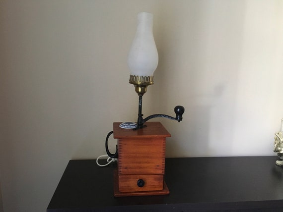 Vintage Handmade Wooden Coffee Grinder Table Lamp Vintage Handmade Wooden Coffee Grinder