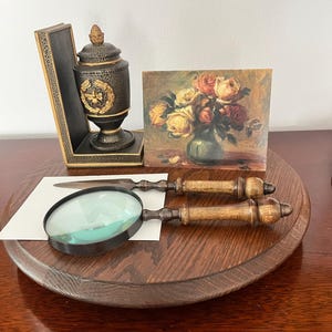 Vintage Magnifying Glass and Letter Opener Set - Wood Metal Handles - Elegant Desk Accessory