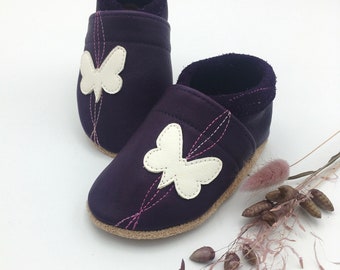 Children's shoes made of purple leather with a cream butterfly, christening shoes for babies, crawling shoes for the youngest