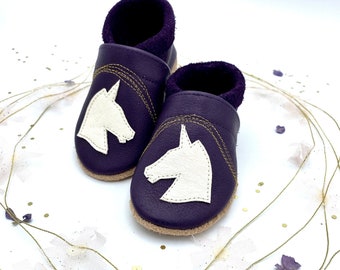 Purple leather slippers in purple with unicorn and golden rainbow, crawling shoes for children