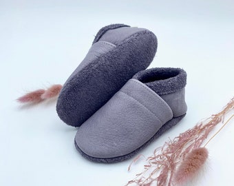 Grey leather children's slippers, crawling shoes simple design, cute slippers for the youngest, environmentally friendly baby gift