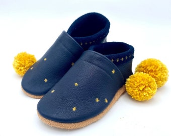 Children's shoes made of blue leather with embroidered stars in yellow, gift for newborn
