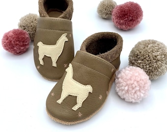 Crawling shoes made of leather color hippo with llama, slippers for babies and children