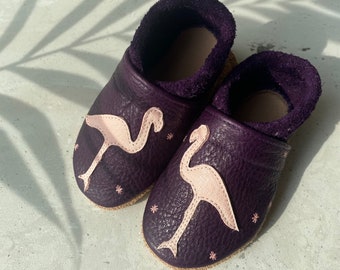 Purple leather crawling shoes with pink flamingo, gift for the youngest