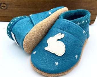 Leather slippers with rabbit petrol and cream, handmade crawling shoes for the youngest