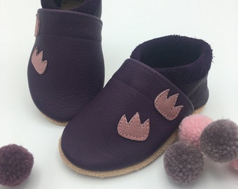 Purple leather slippers with berry crowns, baby christening shoes, crawling shoes for babies