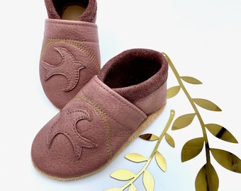 Leather shoes for children with bird and golden rainbow, Scandinavian design shoes