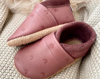 Handmade embossed baby slippers, berry with small rainbows, Mon slippers for children