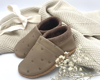 Leather baby shoes in hippo color, embossed hearts and lettering, personalized gift