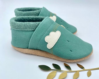 Children's slippers in thistle colour with clouds in cream and rainbow in gold with embossed raindrops, birth gift for babies and children