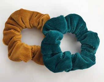 Set of 2 Luxurious Corduroy Hair Scrunchies, Hairbands, Yellow and Green Blue, Stocking Filler