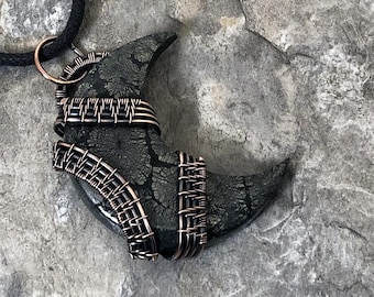 Handmade Crescent Moon shaped Marcasite in Agate Pendant: Copper Wire Wrapped Jewelry - USA Made          0367