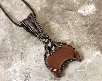 Handmade Crescent Moon shaped Red Moss Agate Pendant: Copper Wire Wrapped Jewelry - USA Made          0262