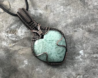 Handmade Heart shaped Amazonite Pendant: Copper Wire Wrapped Jewelry - Handmade in the USA          0095