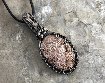 Handmade Brain Coral Fossil Pendant: Copper Wire Wrapped Jewelry - USA Made          0323