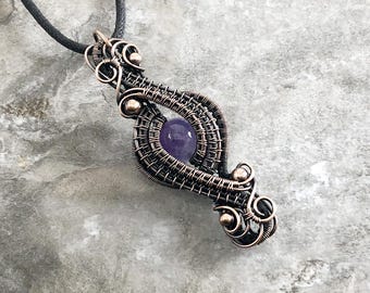 Handmade Amethyst Bead Pendant: Copper Wire Wrapped Jewelry - Handmade in the USA          0292