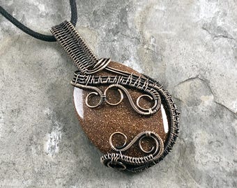 Handmade Faceted Goldstone Pendant: Copper Wire Wrapped Jewelry - Handmade in the USA          0239