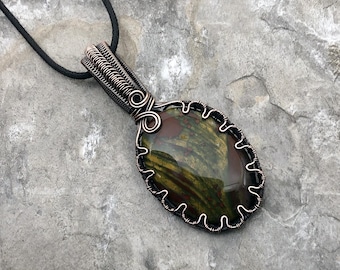 Handmade Bloodstone Pendant: Copper Wire Wrapped Jewelry - USA Made          0320
