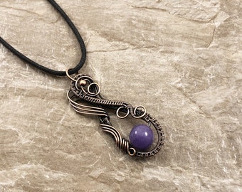 wire wrapped necklace wire wrapped pendant wire wrapped jewelry 649 Purple Banded Agate wrapped in bare copper wire wire weave pendant