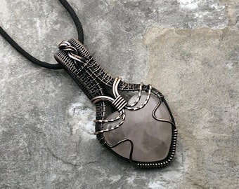 Handmade Heart shaped Rose Quartz Pendant: Copper Wire Wrapped Jewelry - Handmade in the USA          0184