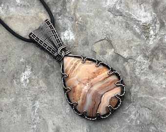Handmade Pink Lace Agate Pendant: Copper Wire Wrapped Jewelry - USA Made          0324