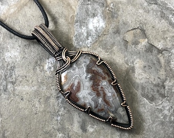 Handmade Crazy Lace Agate Pendant: Copper Wire Wrapped Jewelry - Artisan Made USA          0339