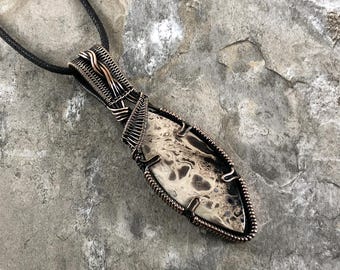Handmade Palm Root Fossil Pendant: Copper Wire Wrapped Jewelry - Handmade in the USA          0145