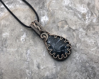 Handmade Palm Root Fossil Pendant: Copper Wire Wrapped Jewelry - Handmade in the USA          0040