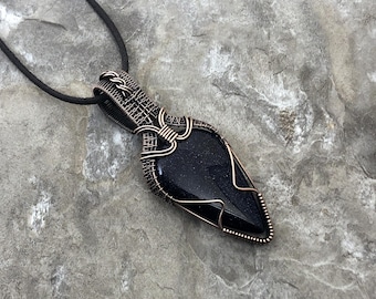 Handmade Sparkly Navy Blue Goldstone Pendant: Copper Wire Wrapped Jewelry - Made in the USA          0037