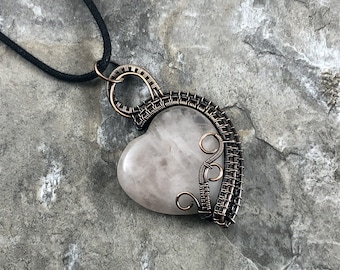 Rose Quartz Heart and Copper wire wrapped pendant - Gift for Him or Her - Unique - One of a Kind - Handmade in the USA               SKU0219