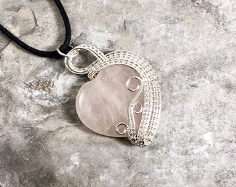 Rose Quartz Heart and silver color, tarnish resistant wire wrapped pendant - Gift for Him or Her - unique - Handmade in the USA      SKU0203