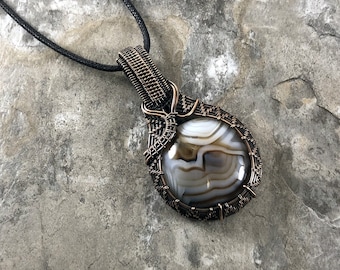 Banded Agate and Copper wire wrapped pendant - Gift for Him or Her - Unique - One of a Kind - Handmade in the USA                    SKU0212