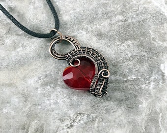 Red Glass Heart and Copper wire wrapped pendant - Gift for Him or Her - Unique - One of a Kind - Handmade in the USA                 SKU0209