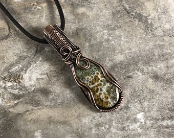 Ocean Jasper and Copper wire wrapped pendant - Gift for Him or Her - Unique - One of a Kind - Handmade in the USA                    SKU0208